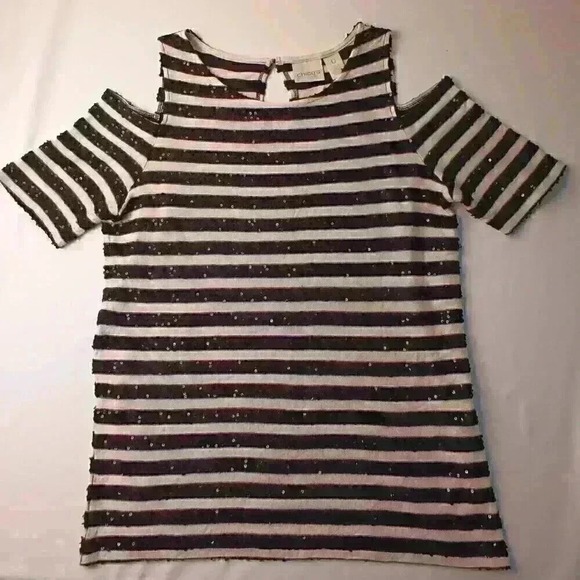 Chico's Black and White Striped Top Size S Sequined Short Sleeve Open Shoulder - Picture 2 of 7
